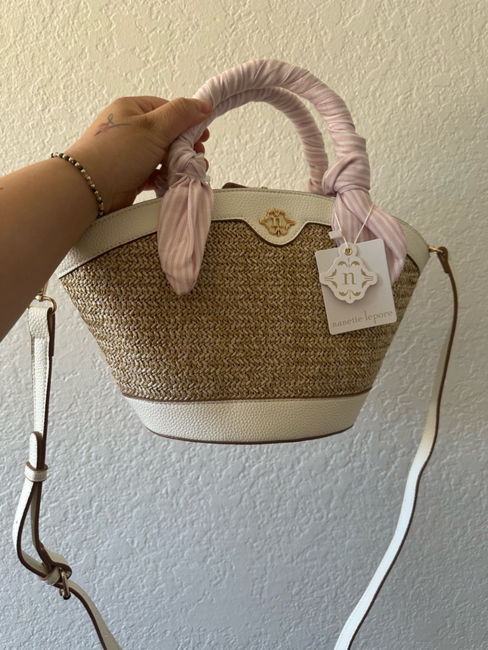 Nanette Lepore White and Natural Straw Crossbody with Pink Scarf-Wrapped Handles
